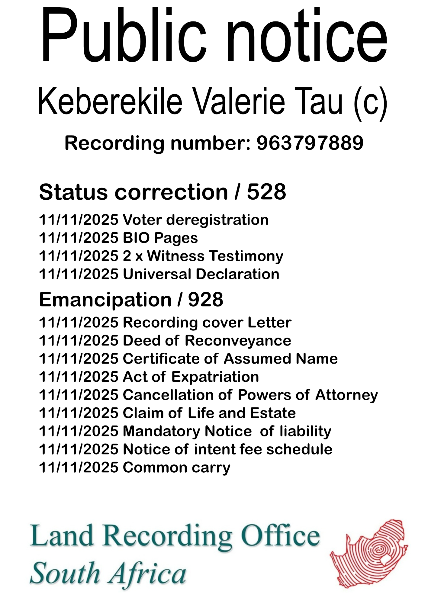 Public notice Keberekile Valerie Tau Recording number 963797889